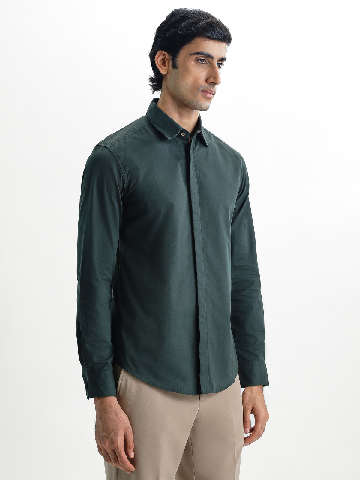 VINCENT-PINE GREEN REGULAR FIT PEACH FINISH COTTON SHIRT