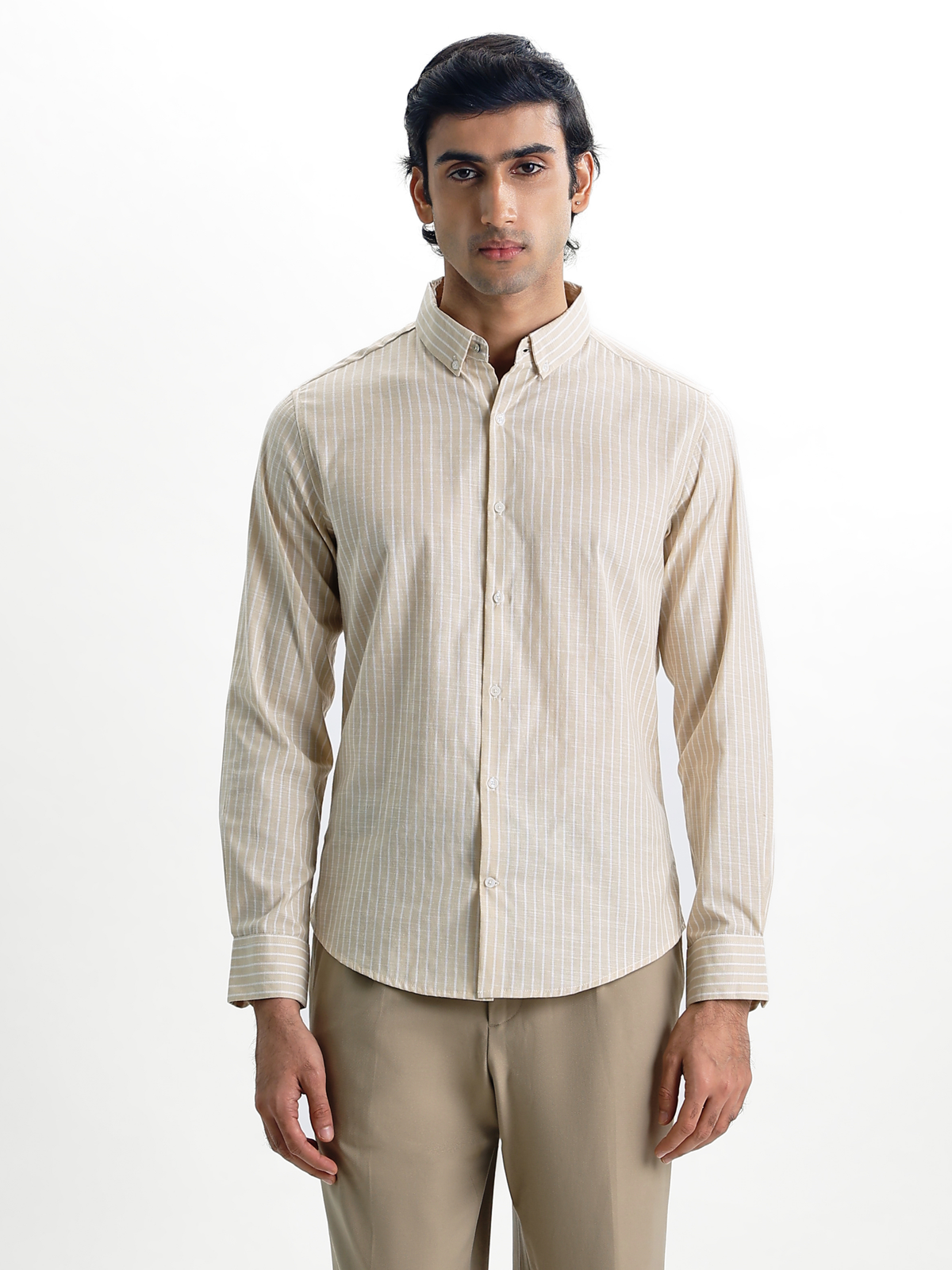 Evor- Beige Regular Fit Striped Linen Shirt
