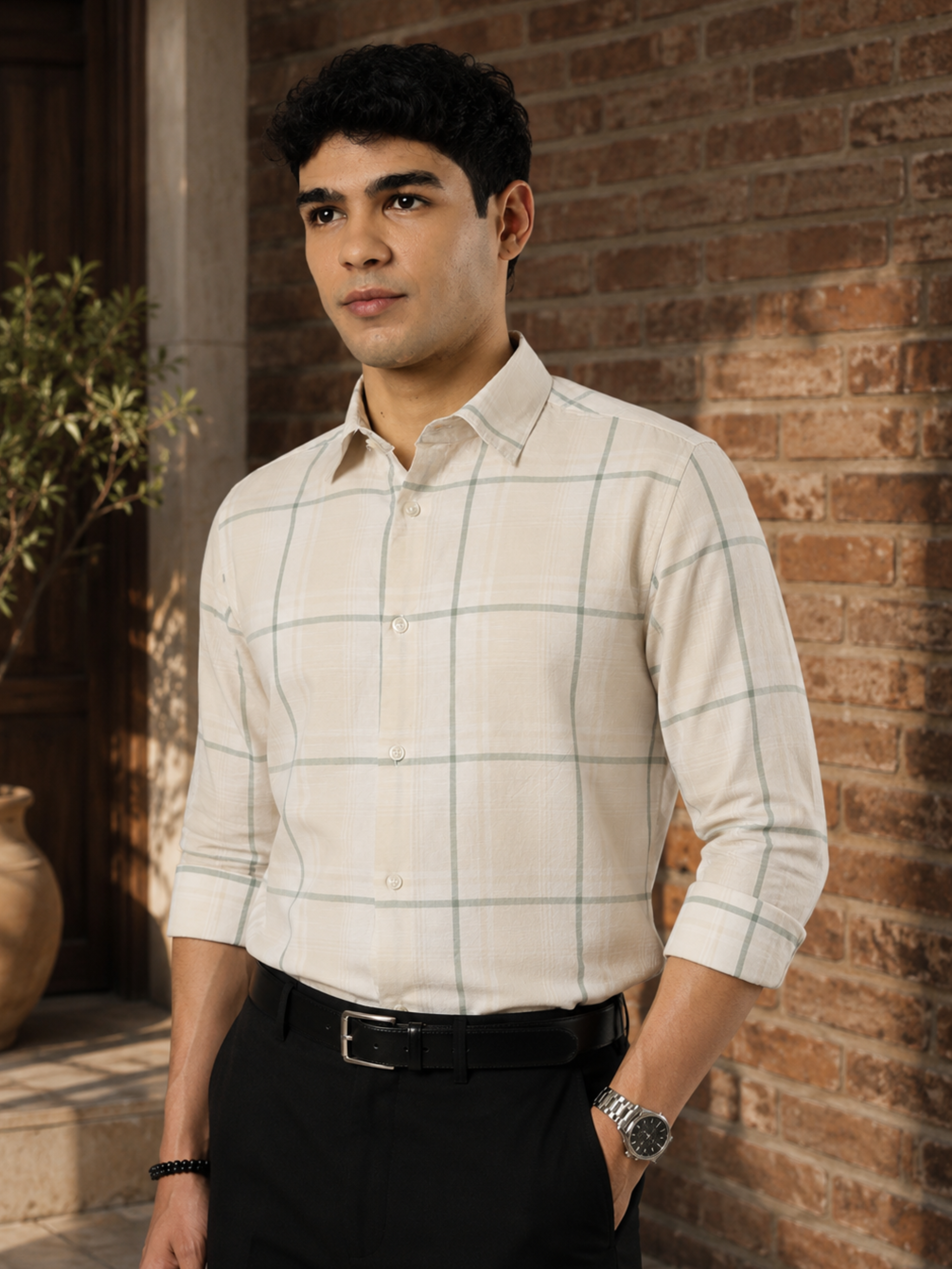 Sage Linen Windowpane Shirt