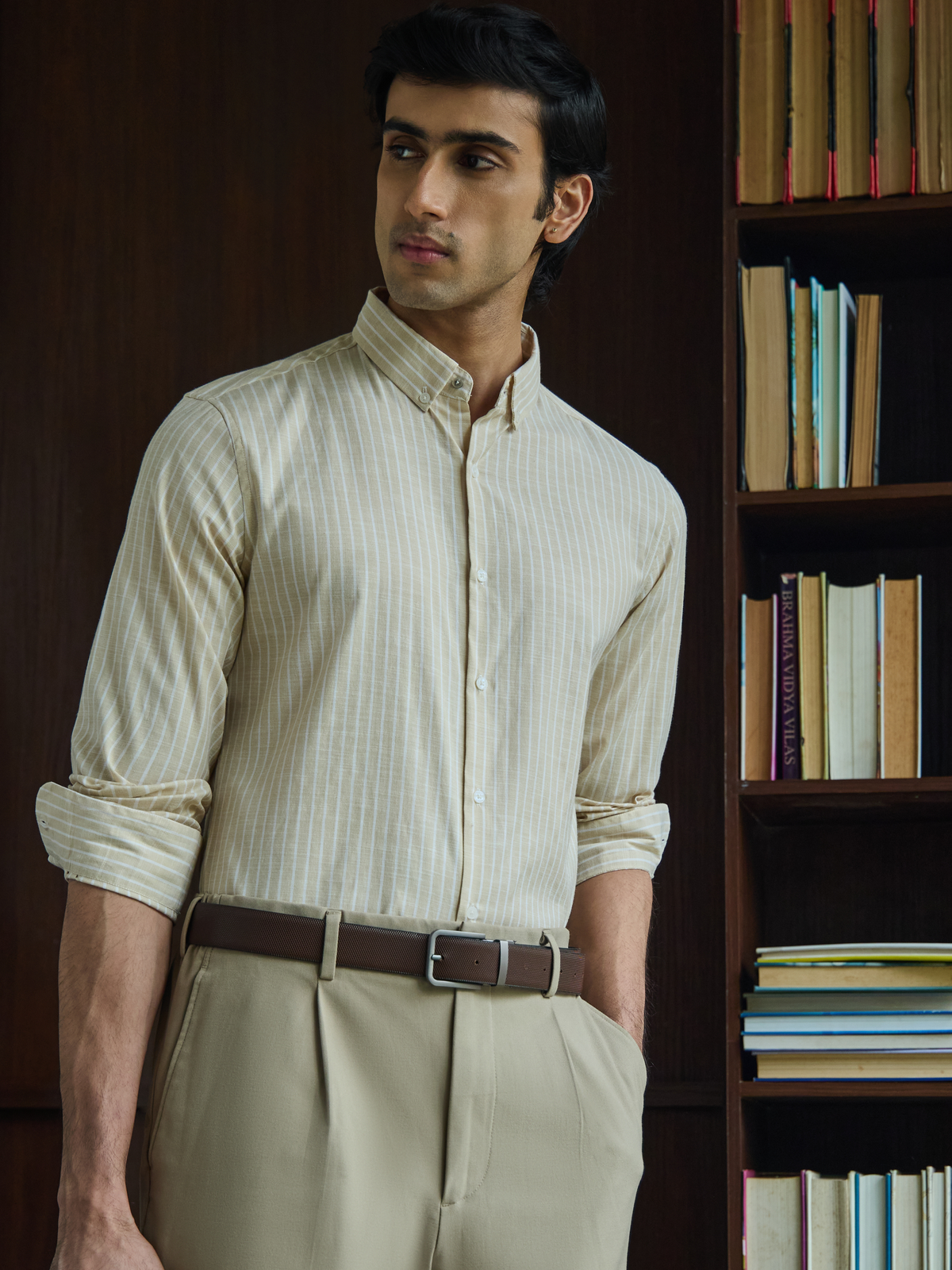 Evor- Beige Regular Fit Striped Linen Shirt