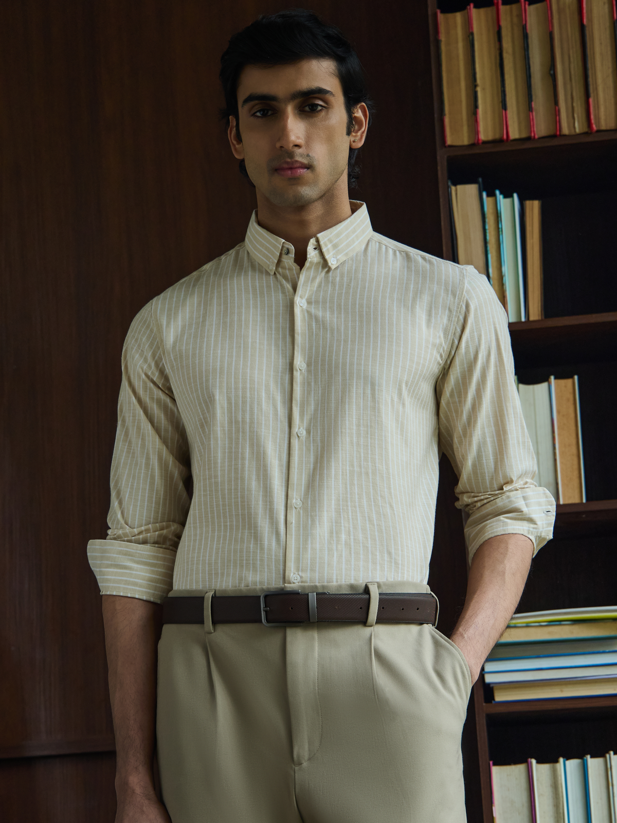 Evor- Beige Regular Fit Striped Linen Shirt