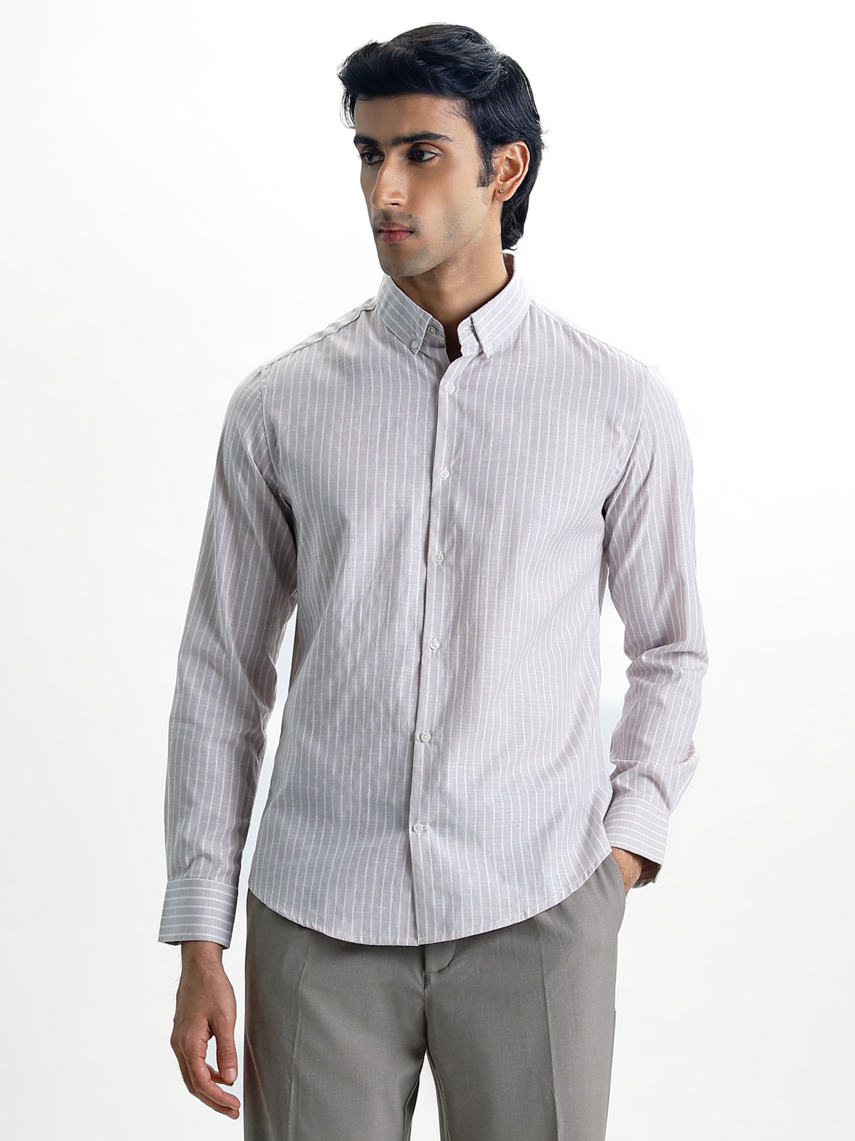 Evor-Lavender Regular Fit Striped Linen Shirt