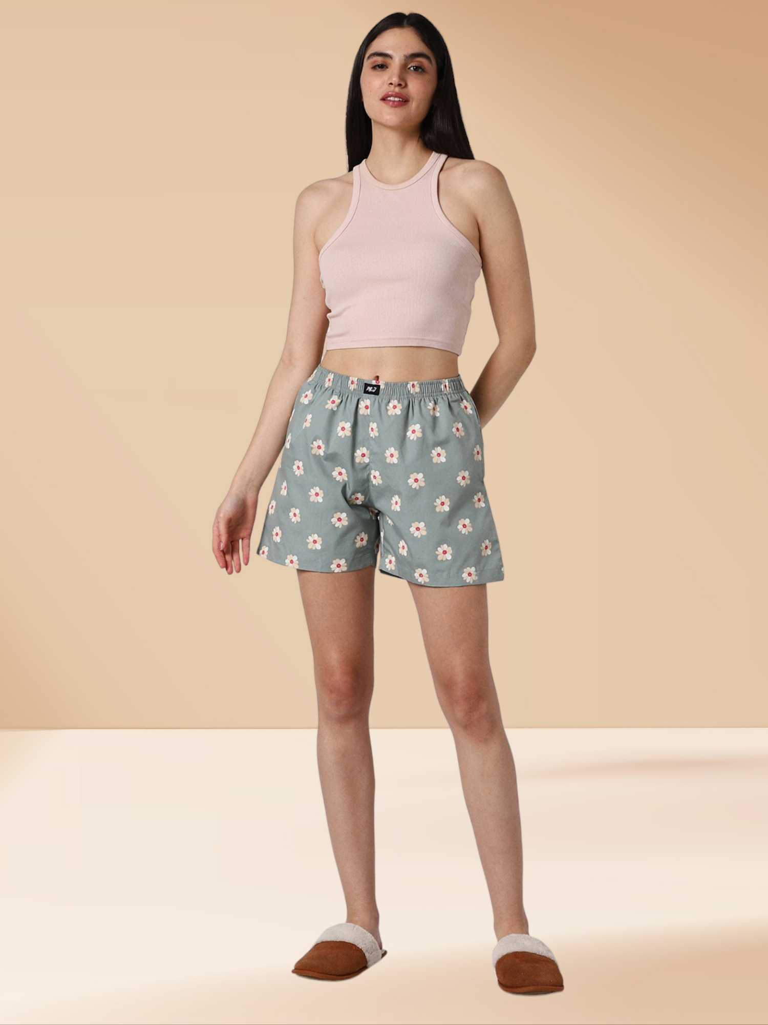 Egg Green Floral Cotton Shorts