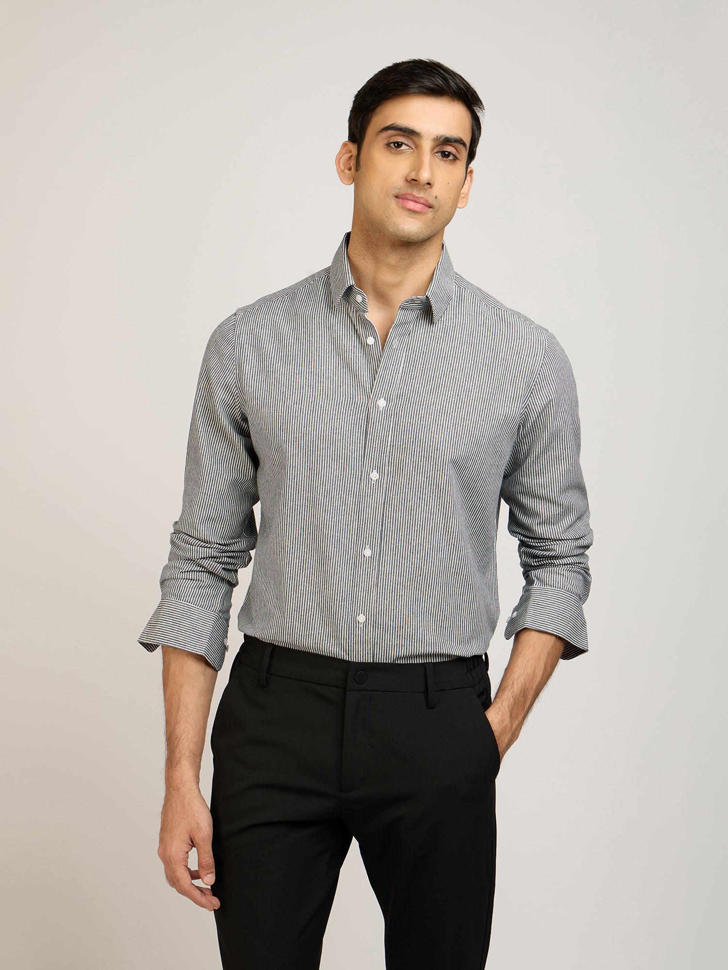 Cotton Denim Stretch Stripes Shirt