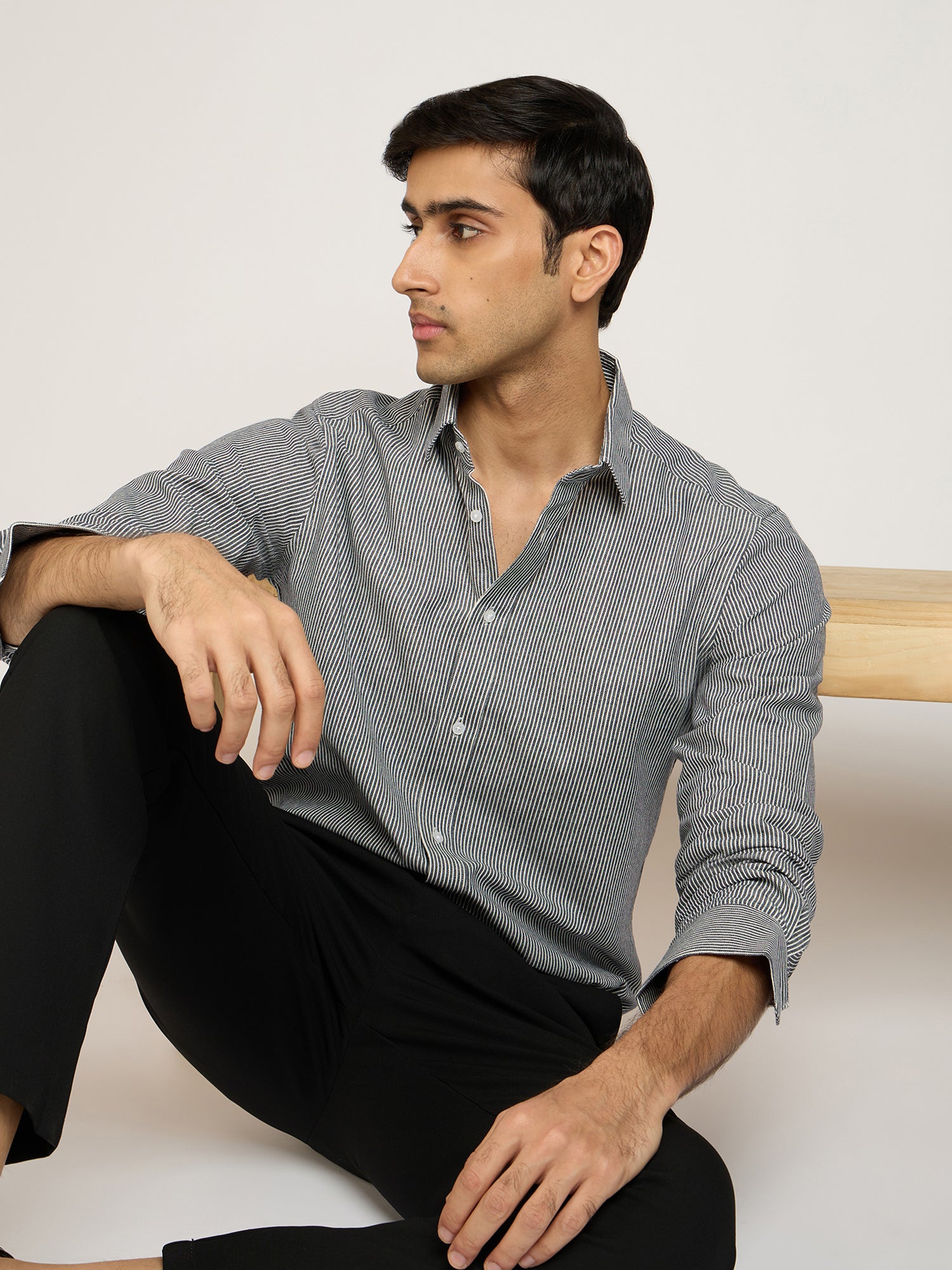 Cotton Denim Stretch Stripes Shirt