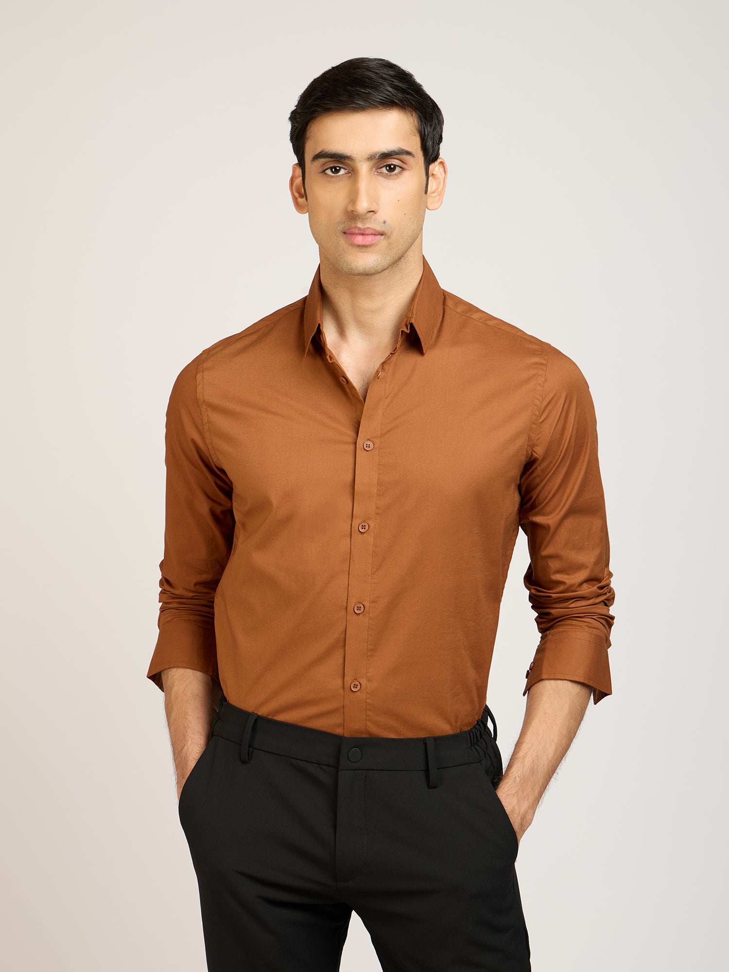 Classic Plain Stretch Brown Shirt