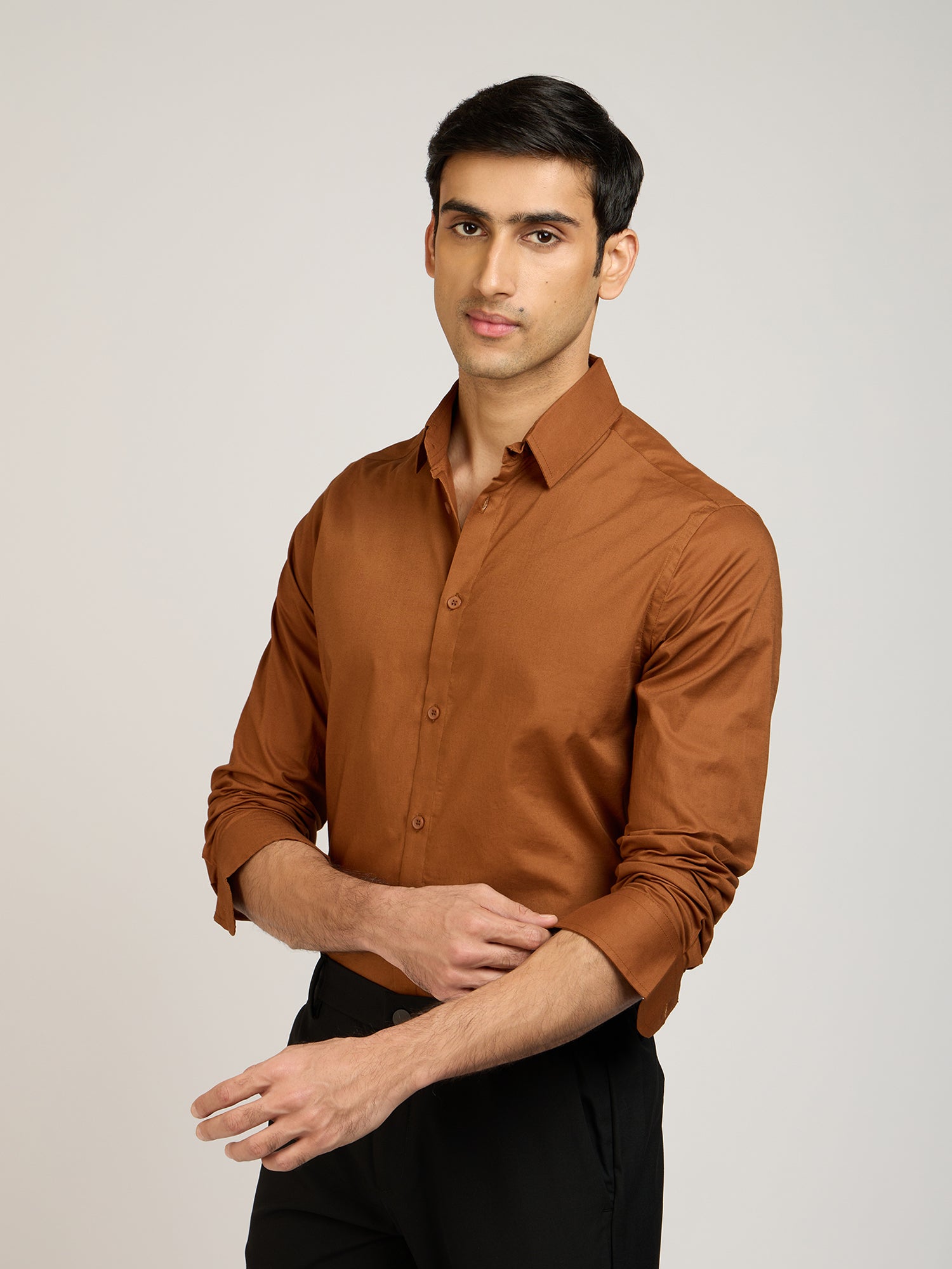 Classic Plain Stretch Brown Shirt