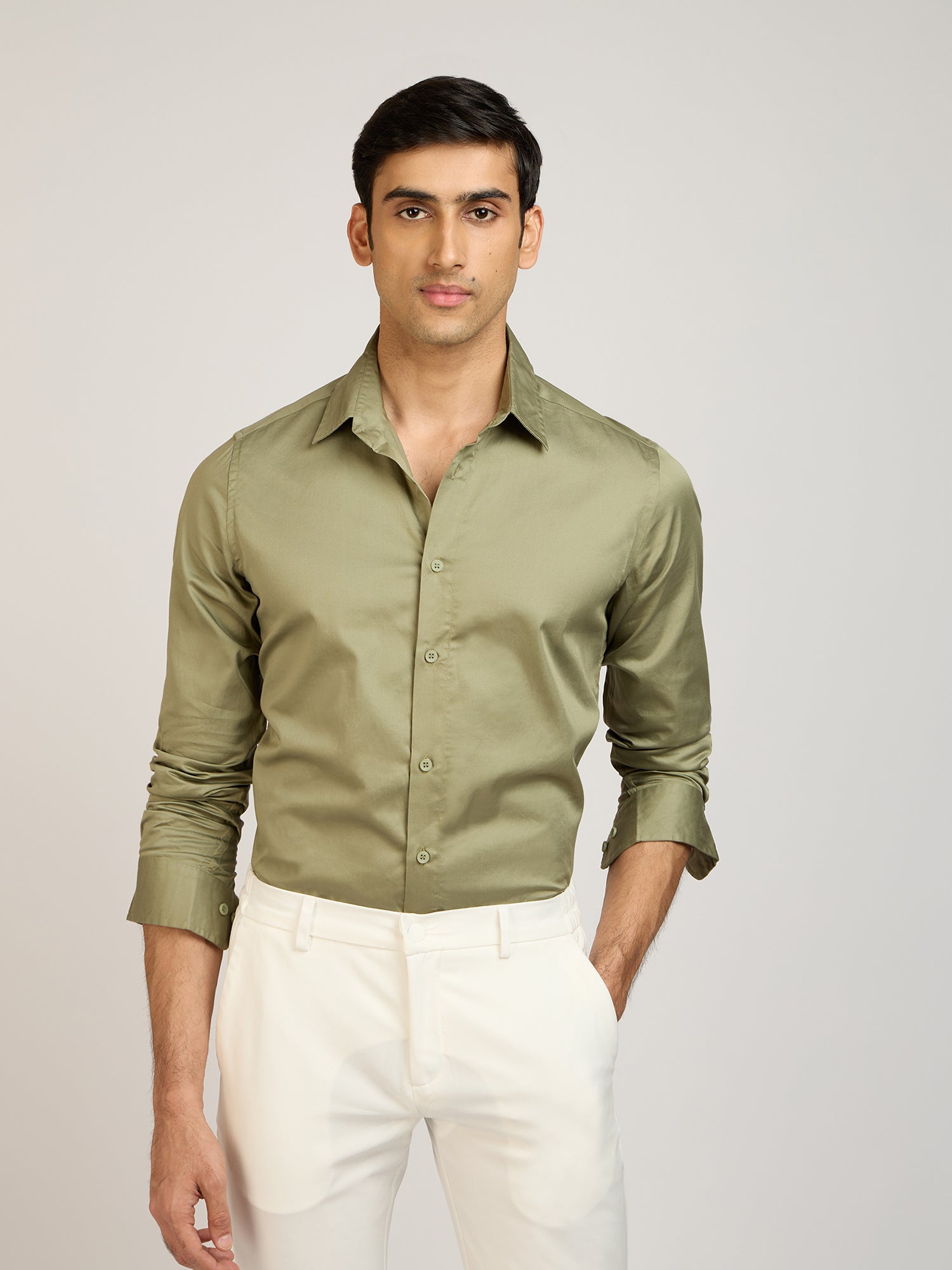 Classic Plain Satin Olive Shirt