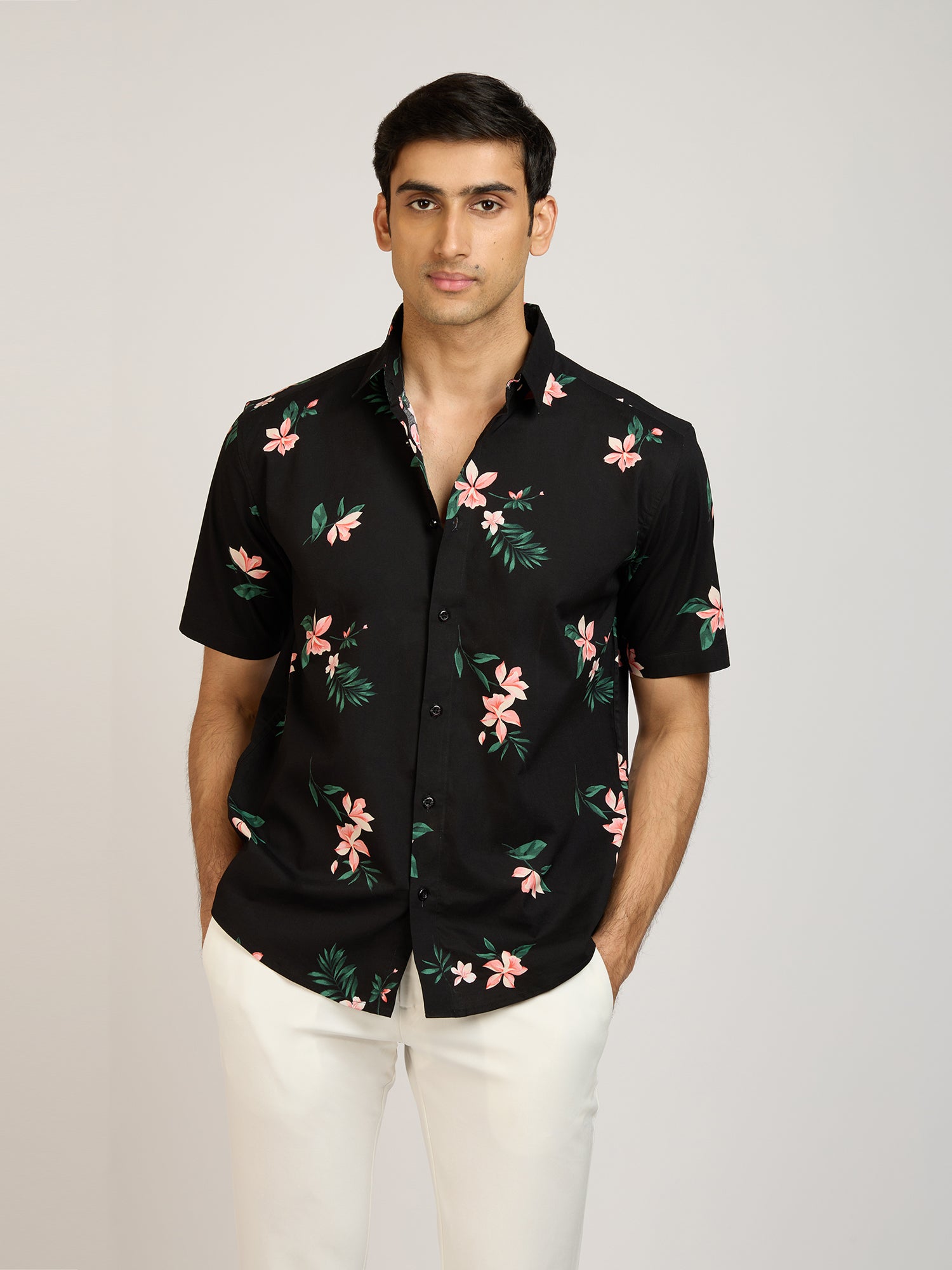 Tropical Print Cotton Black Shirt