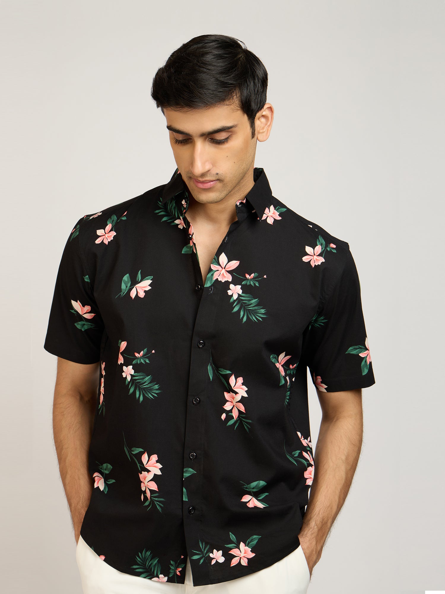Tropical Print Cotton Black Shirt