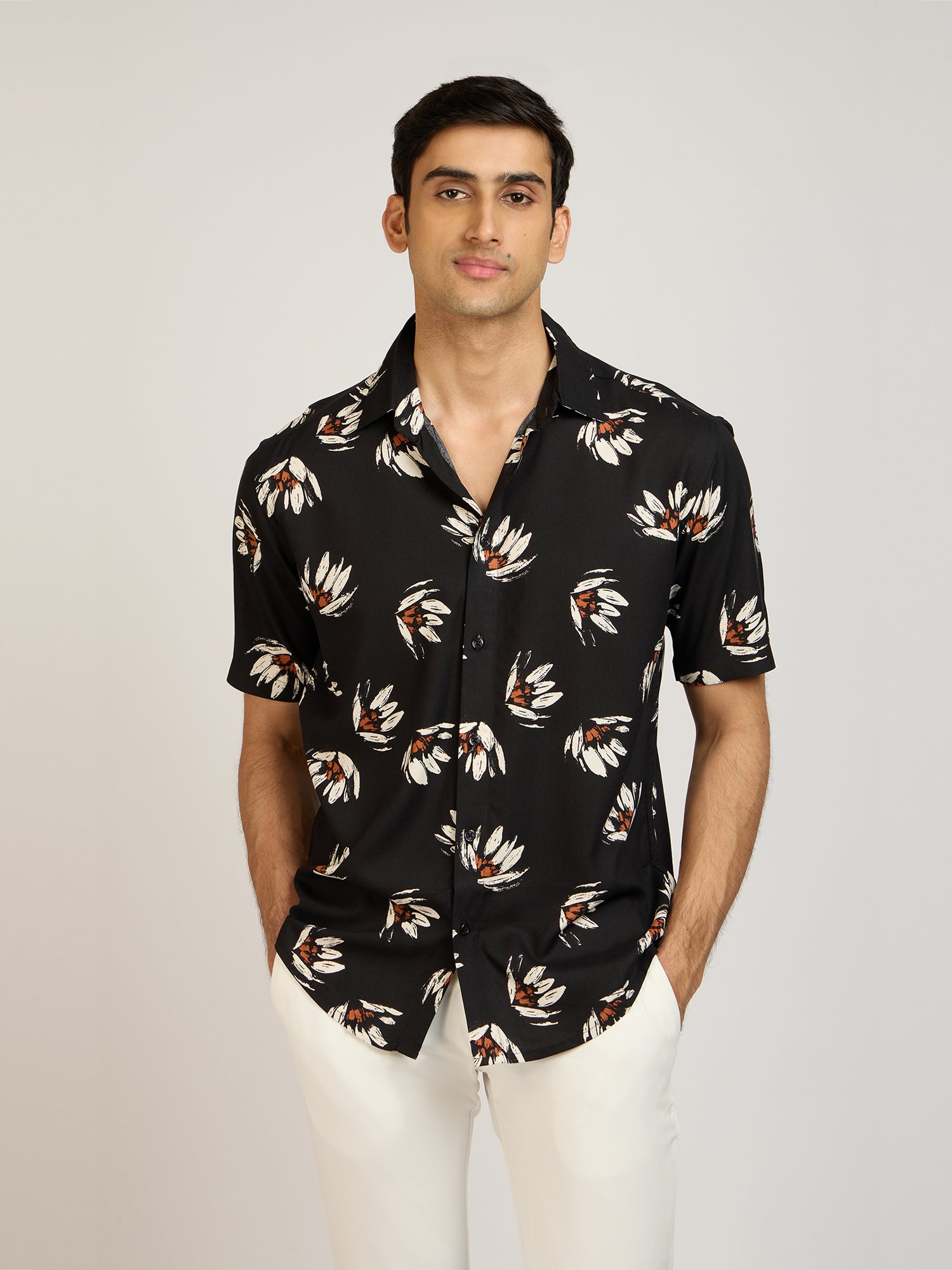 Tropical Print Viscose Black Shirt