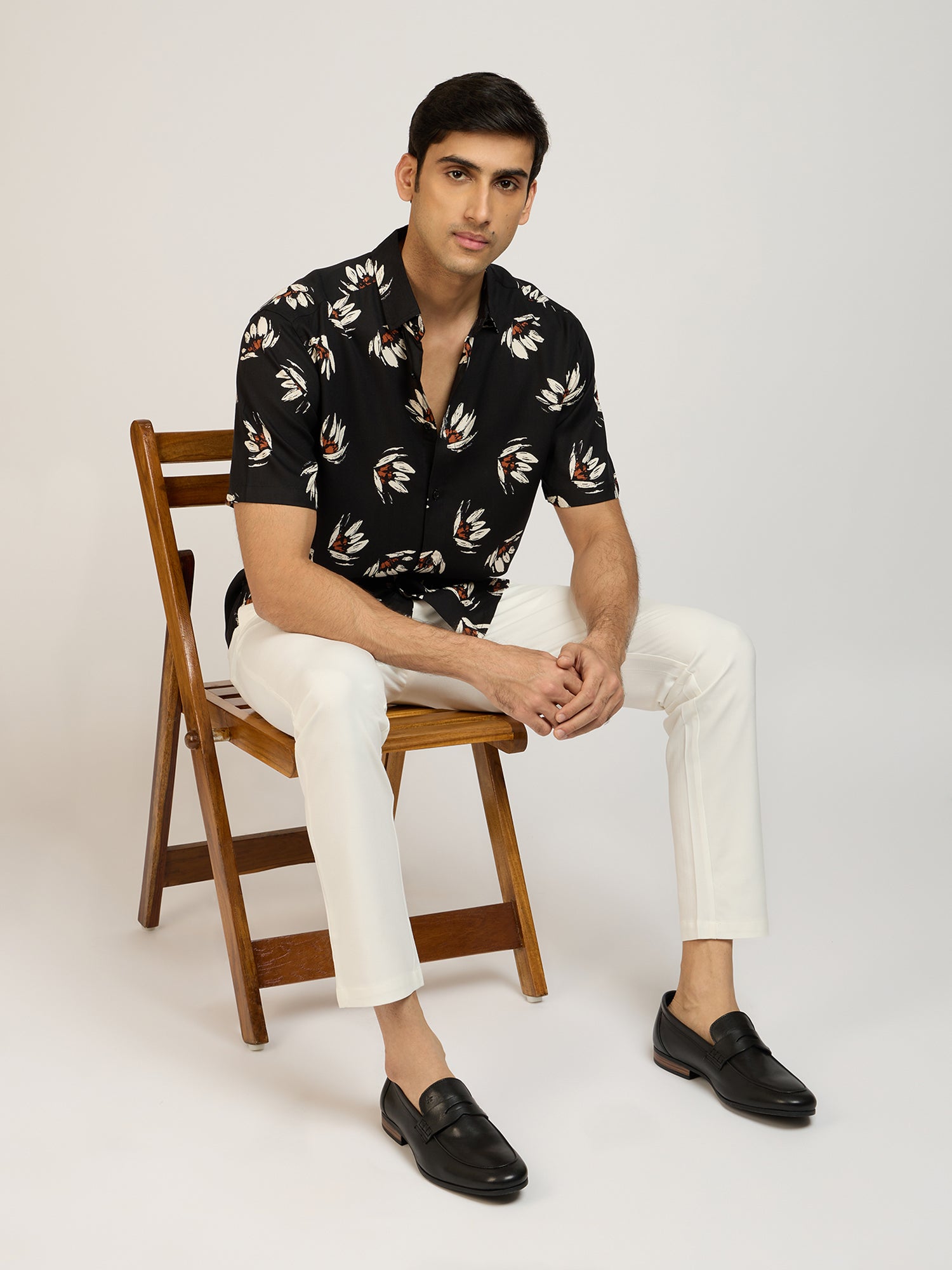Tropical Print Viscose Black Shirt