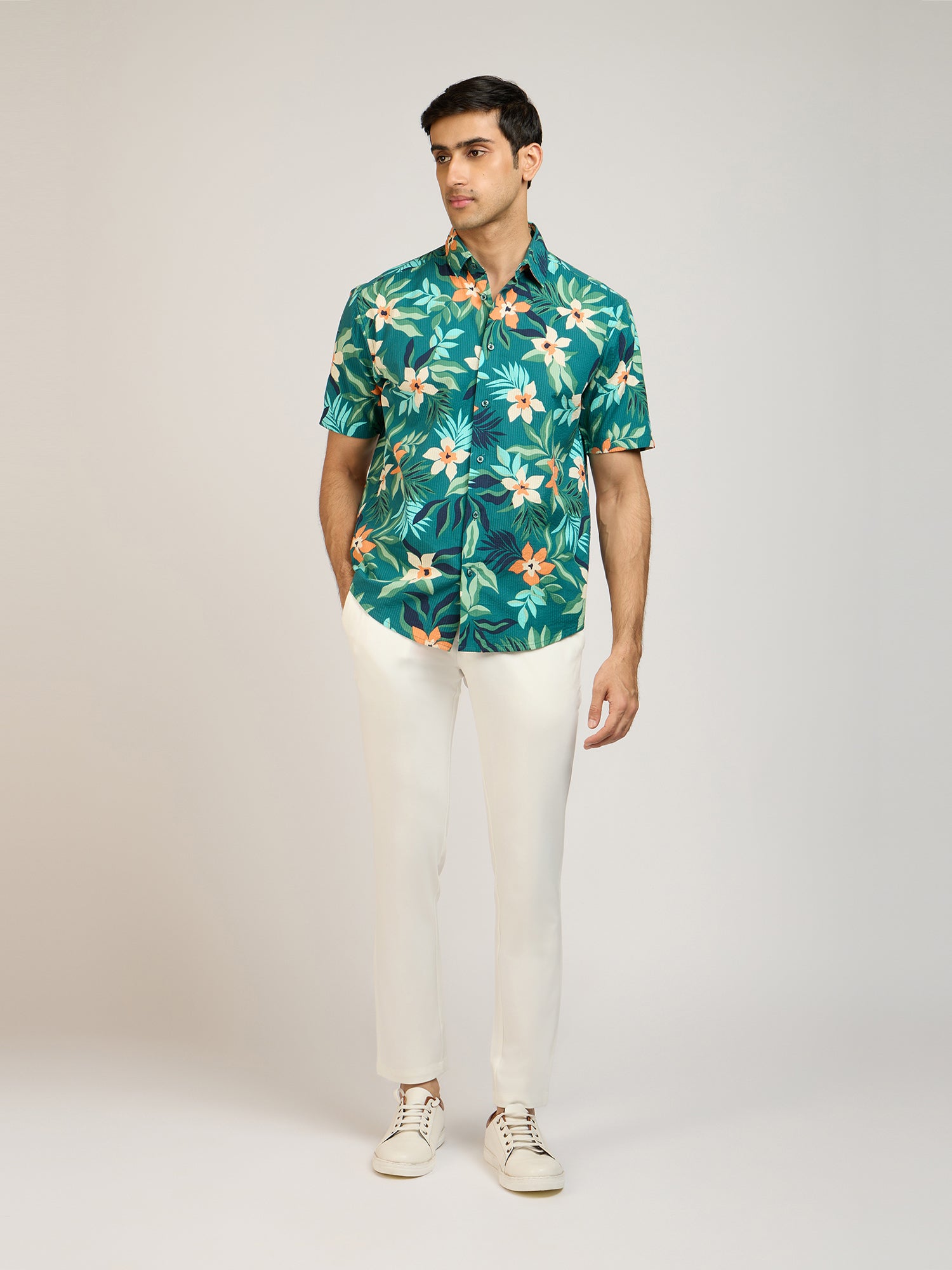 Tropical Print Seersucker Shirt
