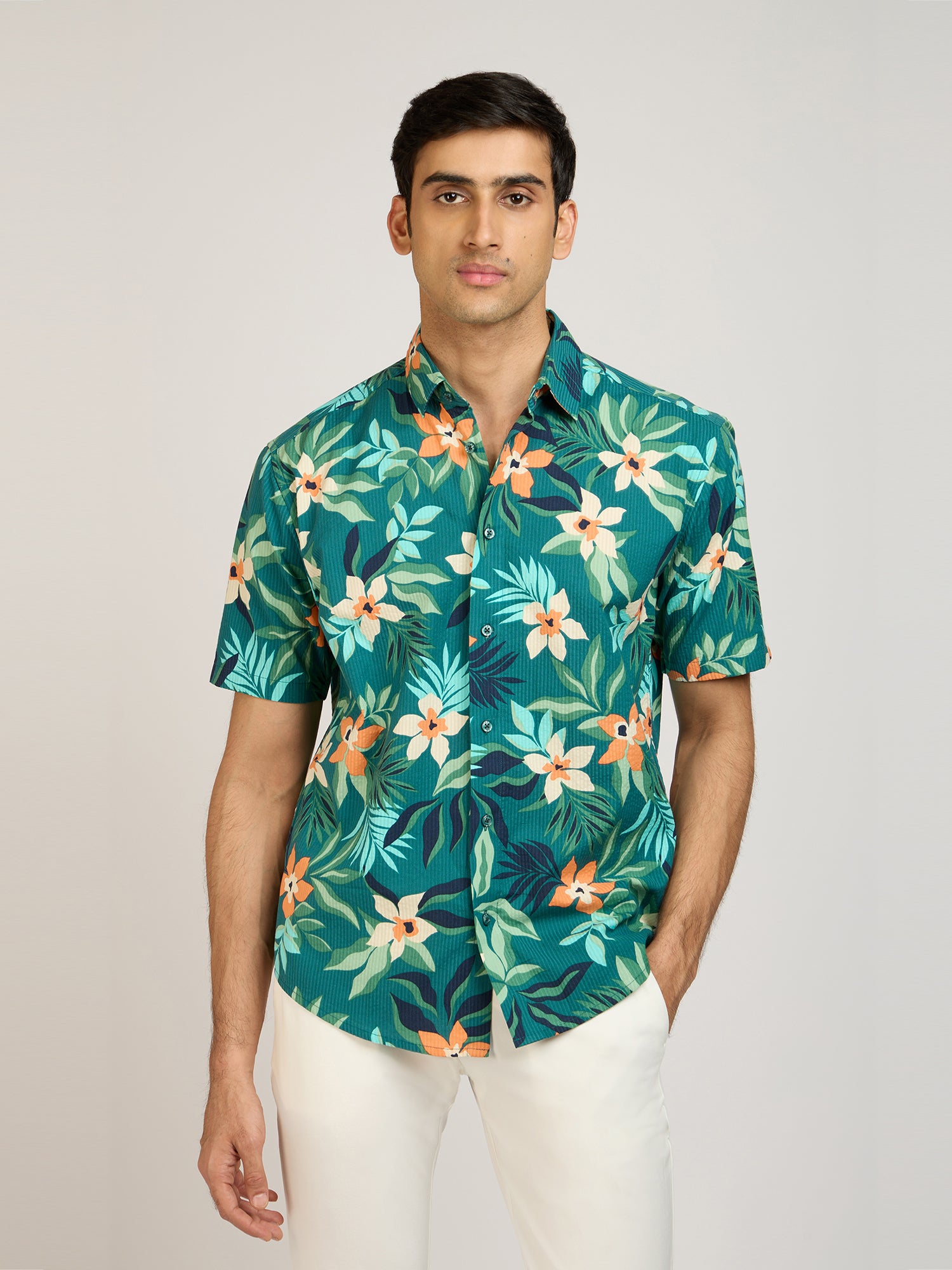 Tropical Print Seersucker Shirt