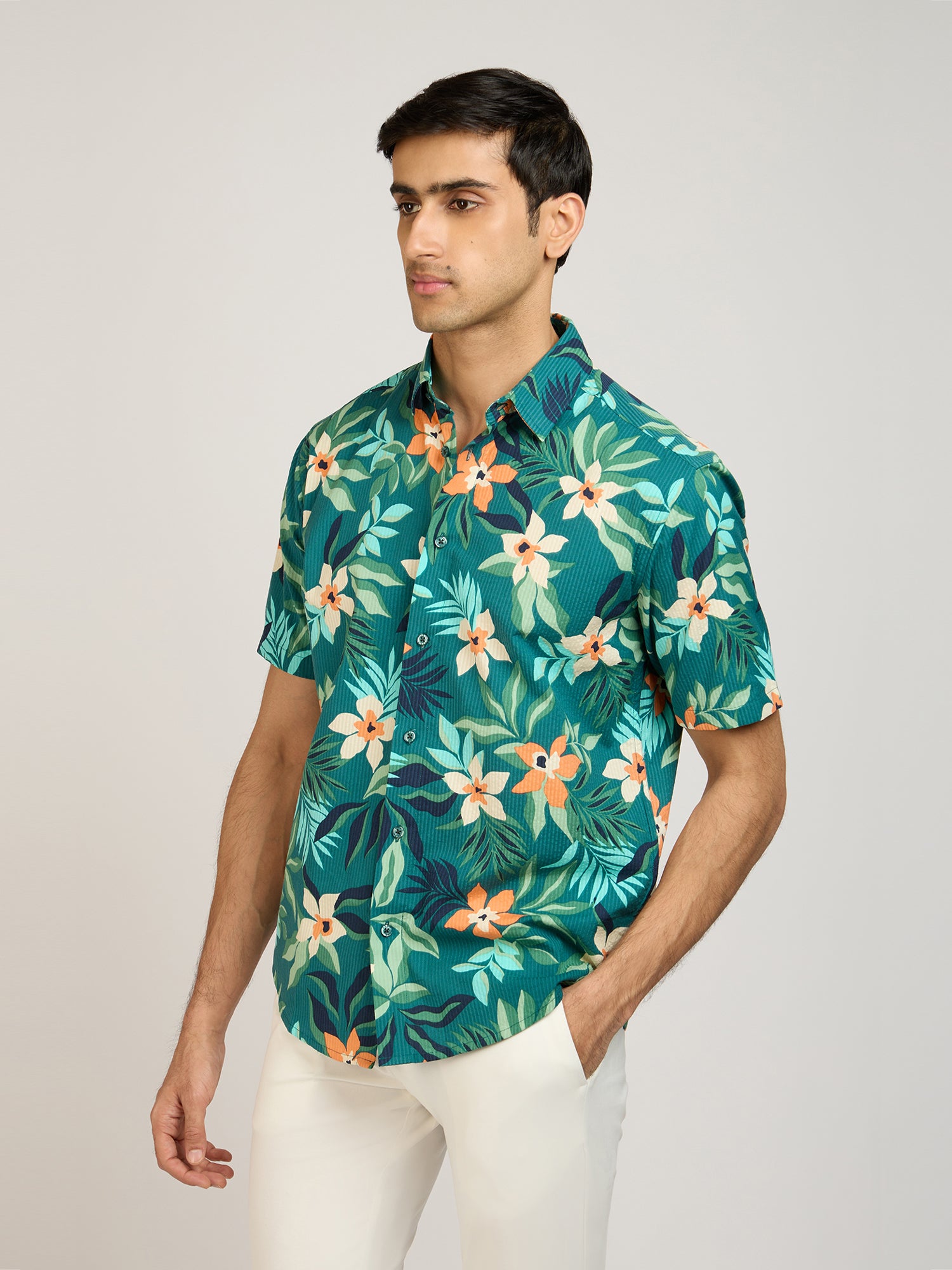 Tropical Print Seersucker Shirt