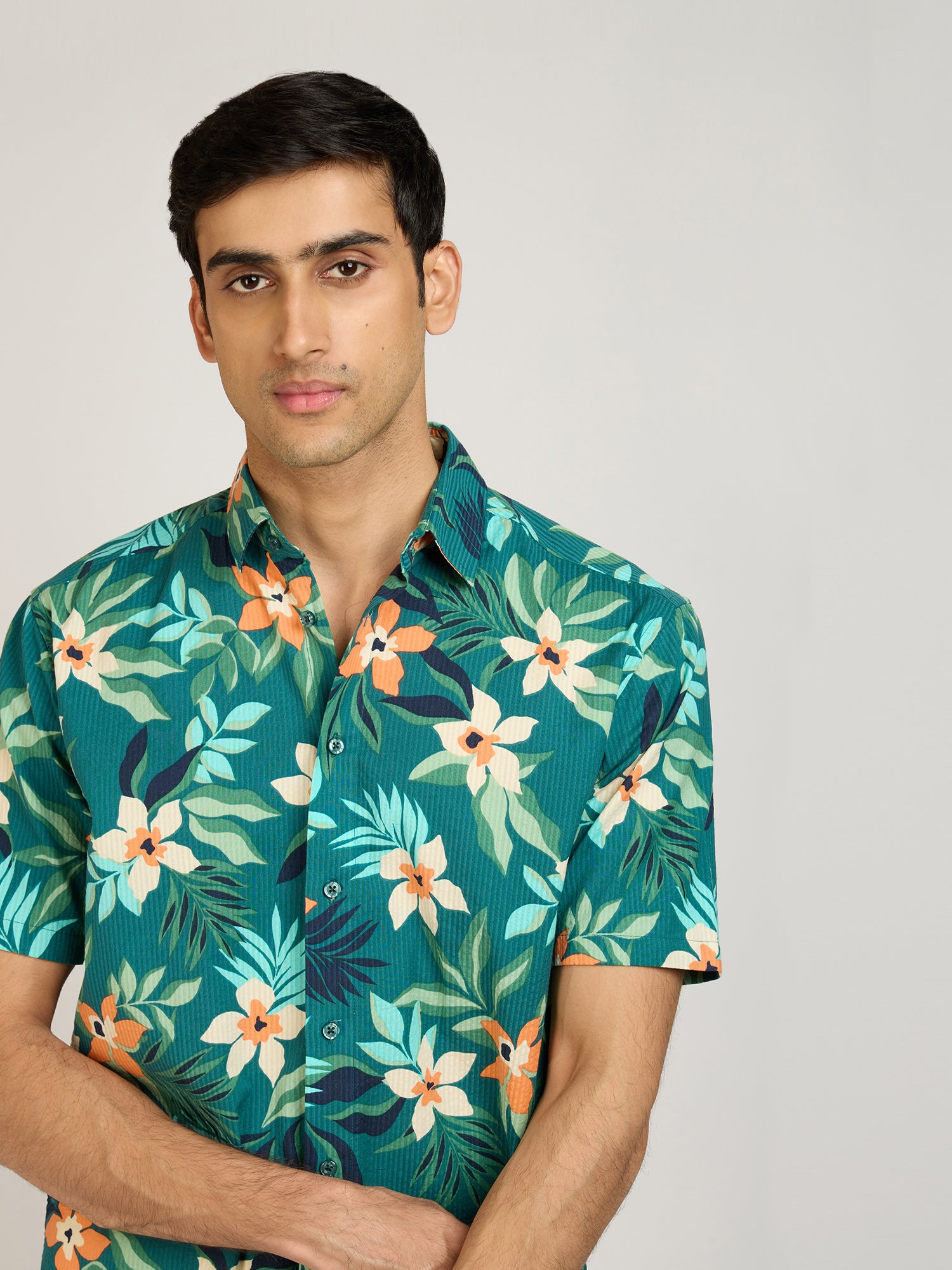 Tropical Print Seersucker Shirt