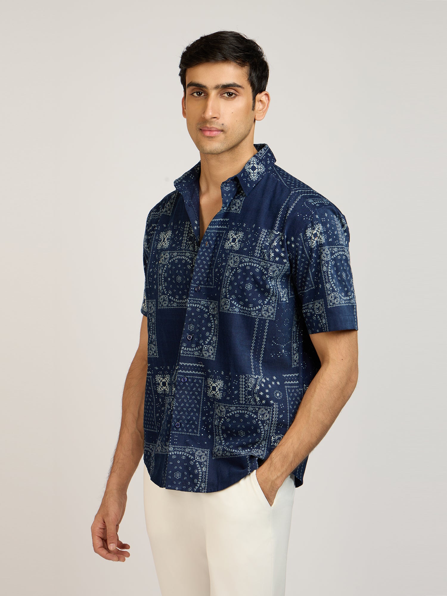 Cotton Denim Paisley Print Shirt