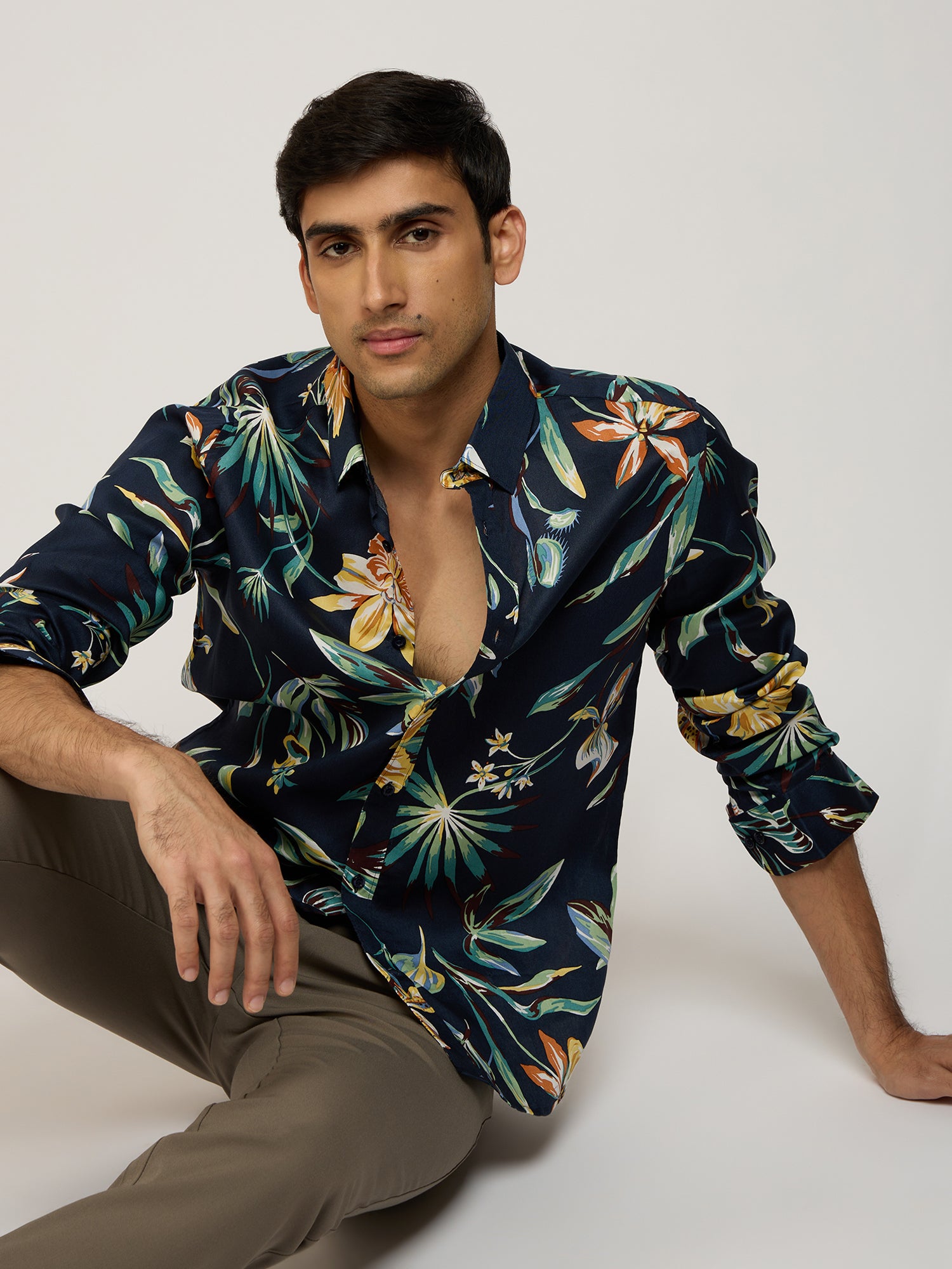Tropical Print Viscose Blue Shirt