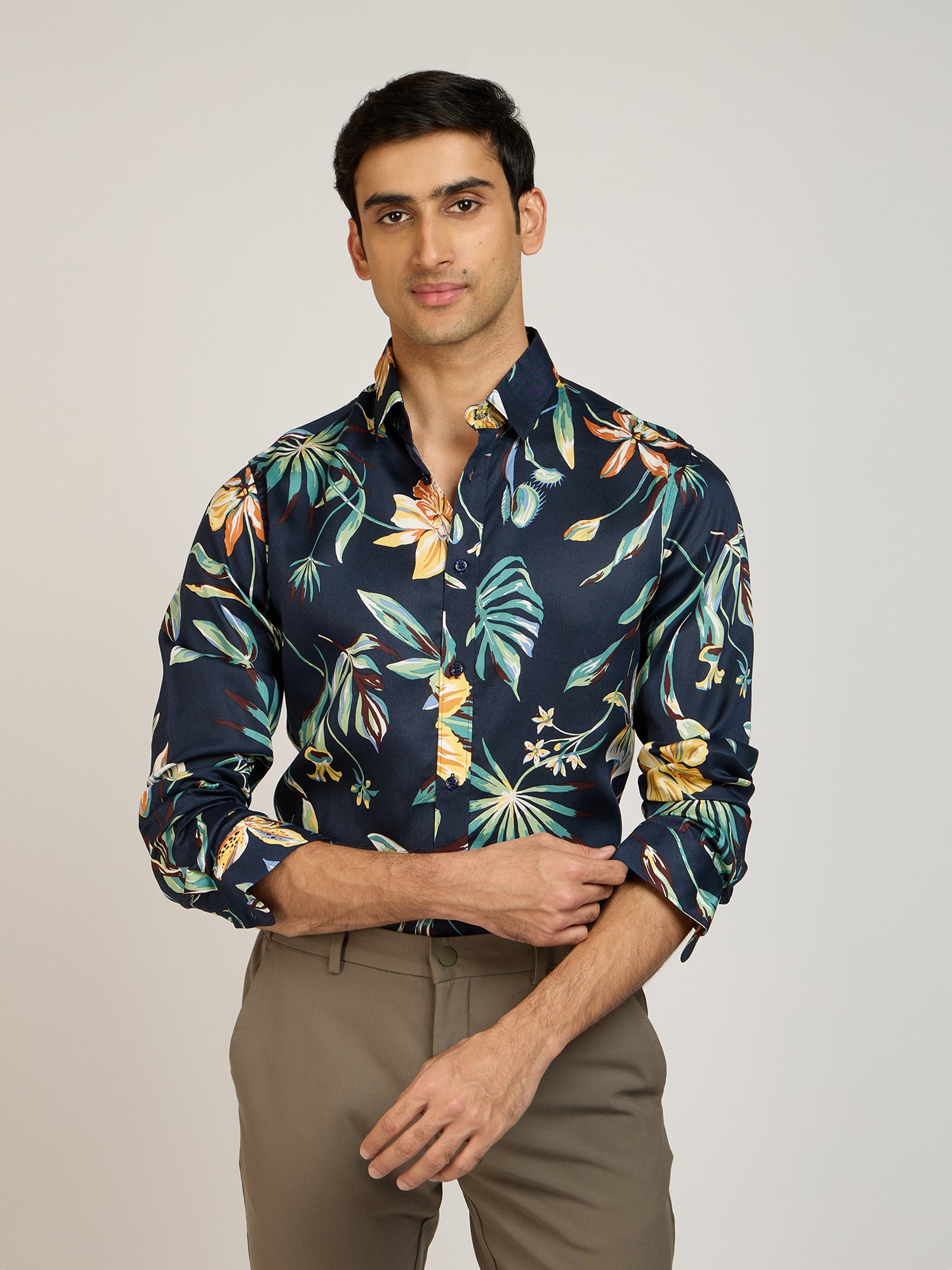 Tropical Print Viscose Blue Shirt