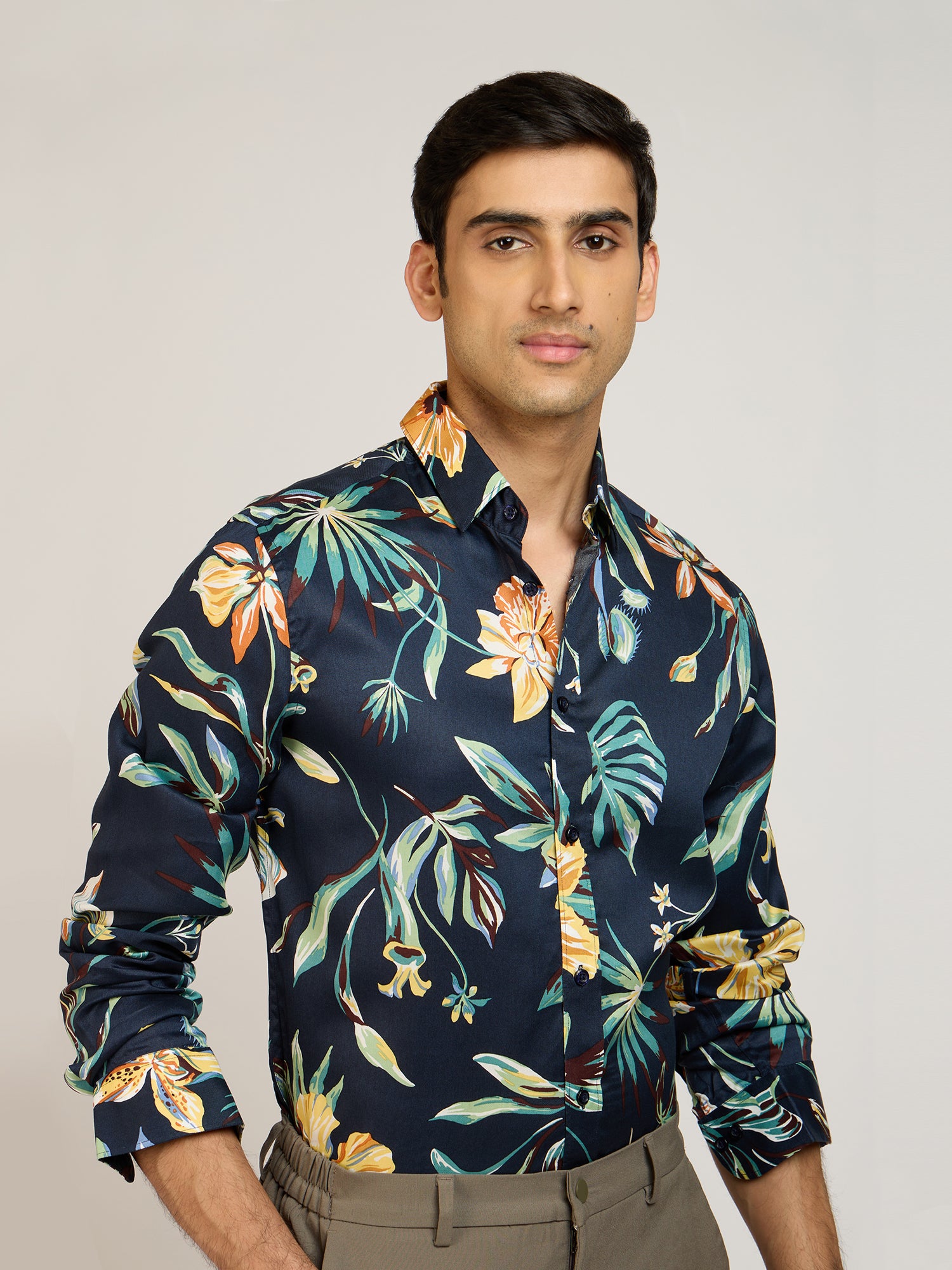Tropical Print Viscose Blue Shirt