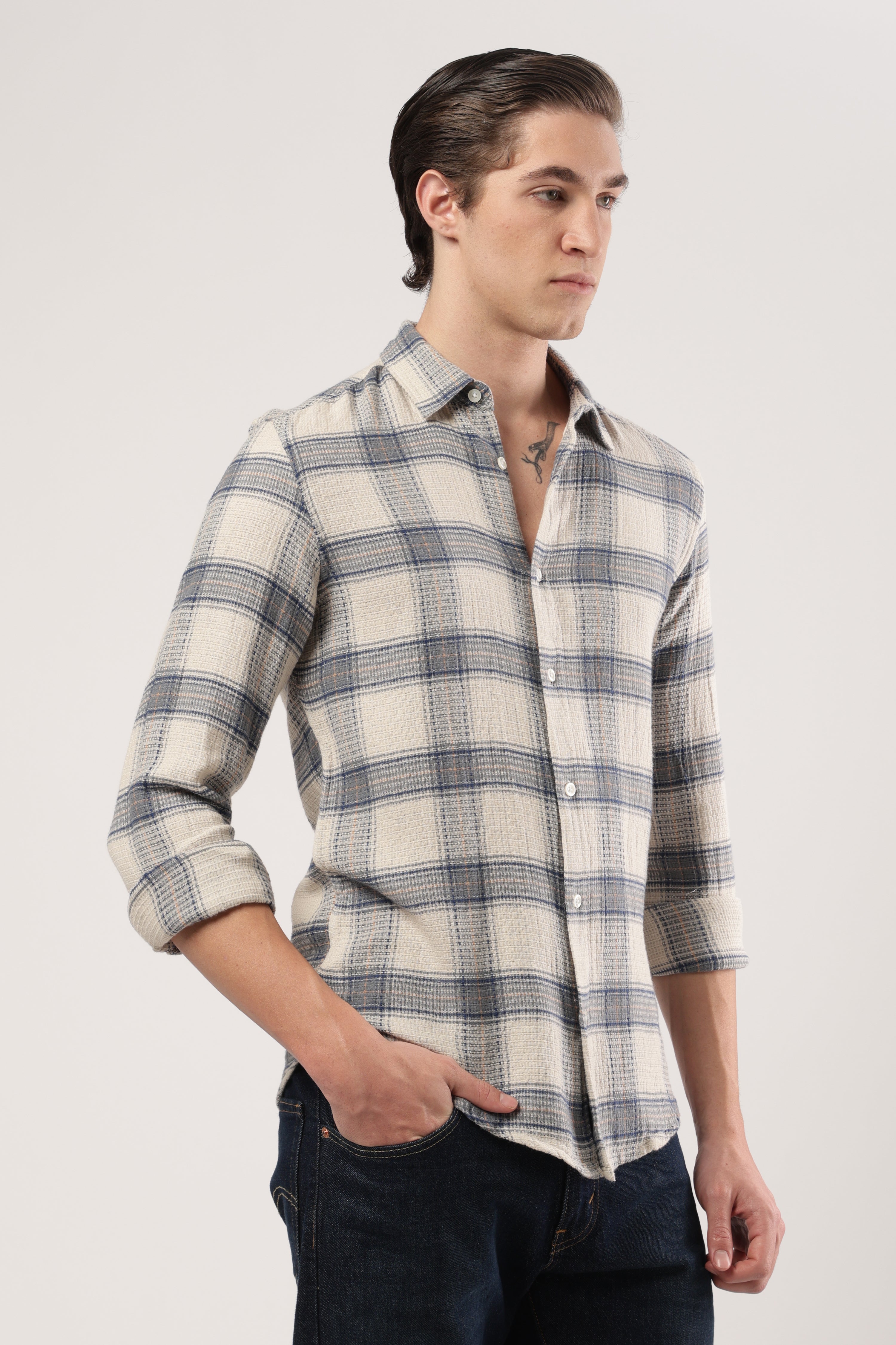 Navy Waffle Check Shirt