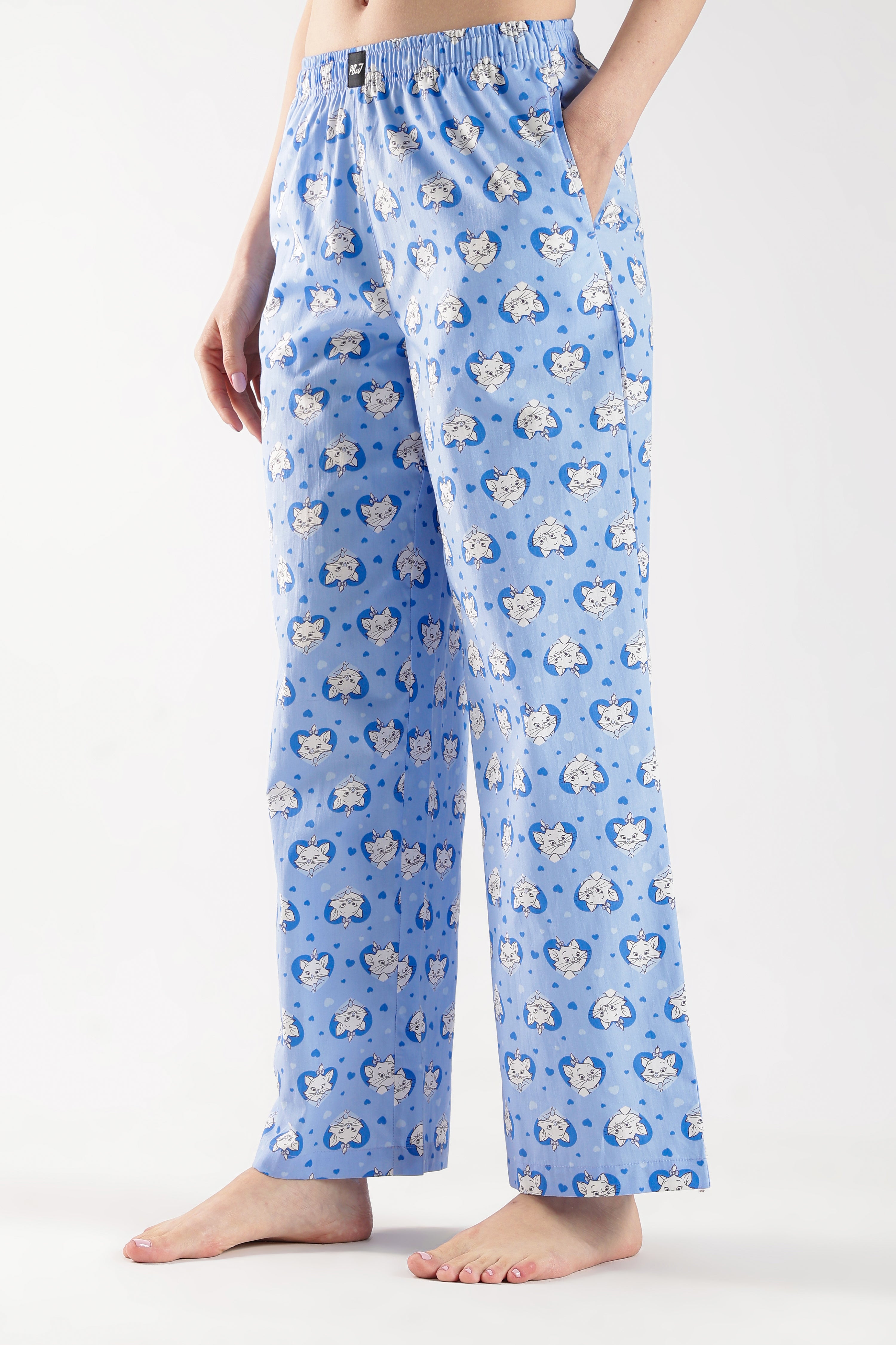Women's Blue All-Over Cat Print Wide Leg Pyjamas