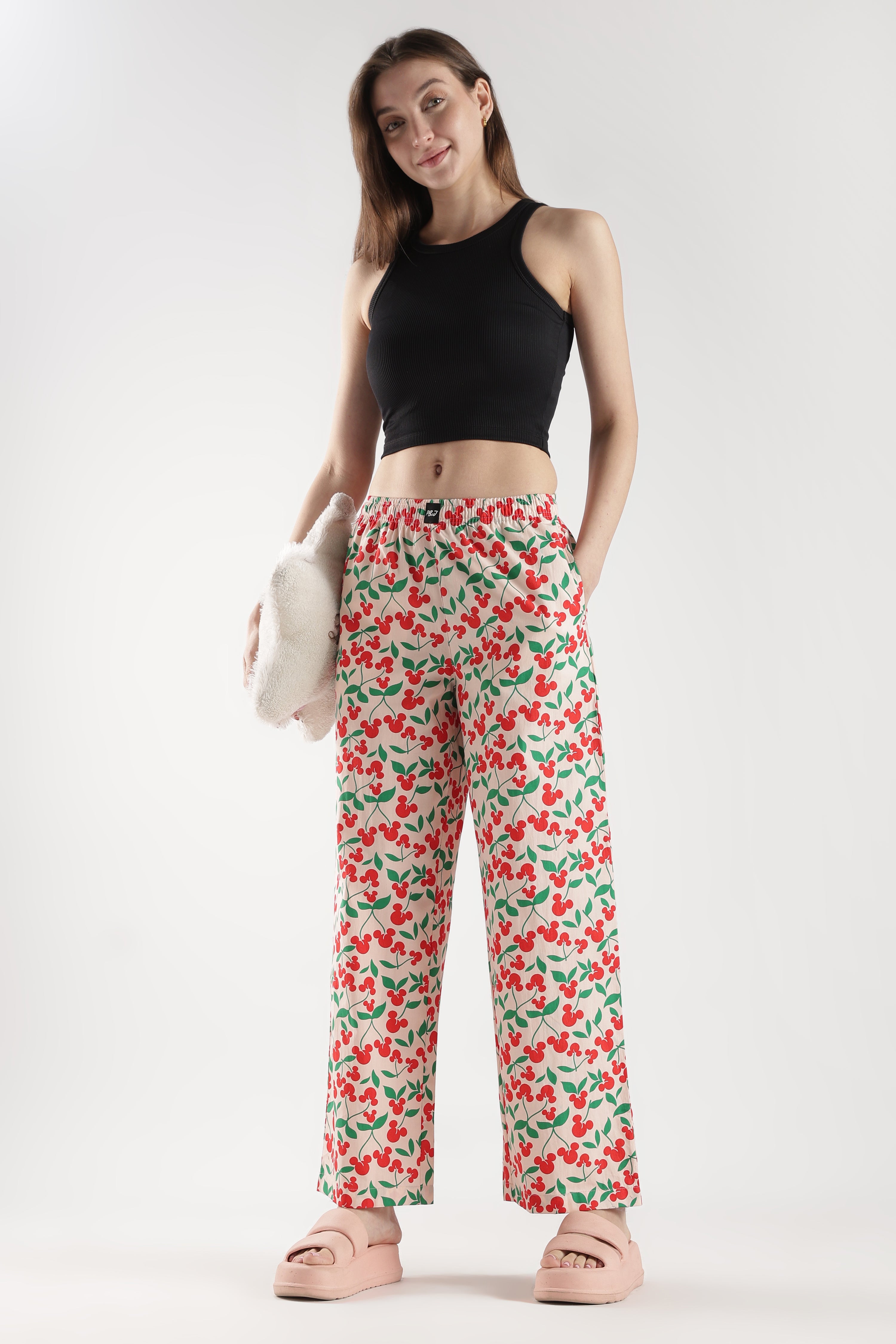 Women's Cherry Floral Print Wide Leg Pyjamas