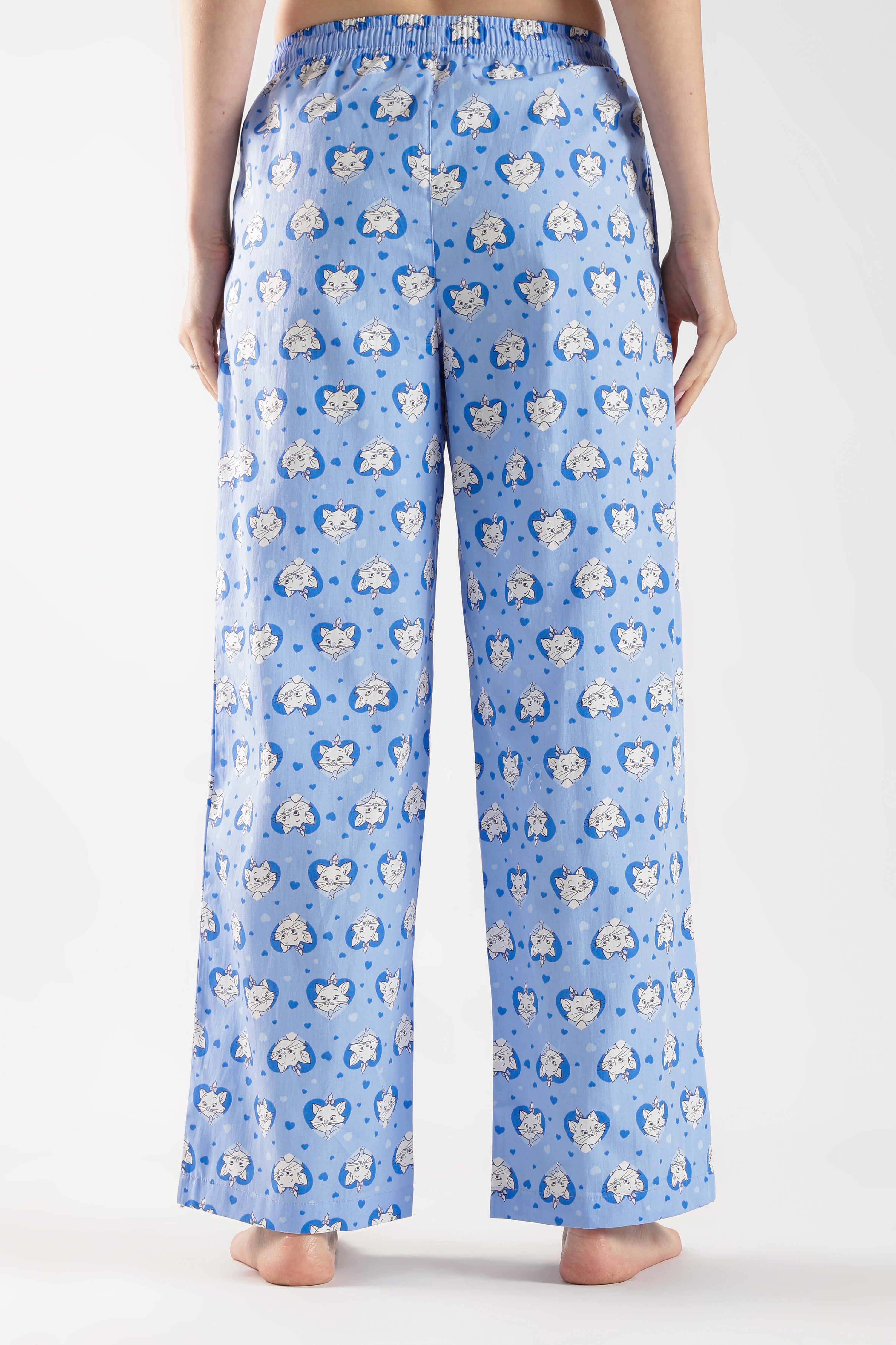 Women's Blue All-Over Cat Print Wide Leg Pyjamas