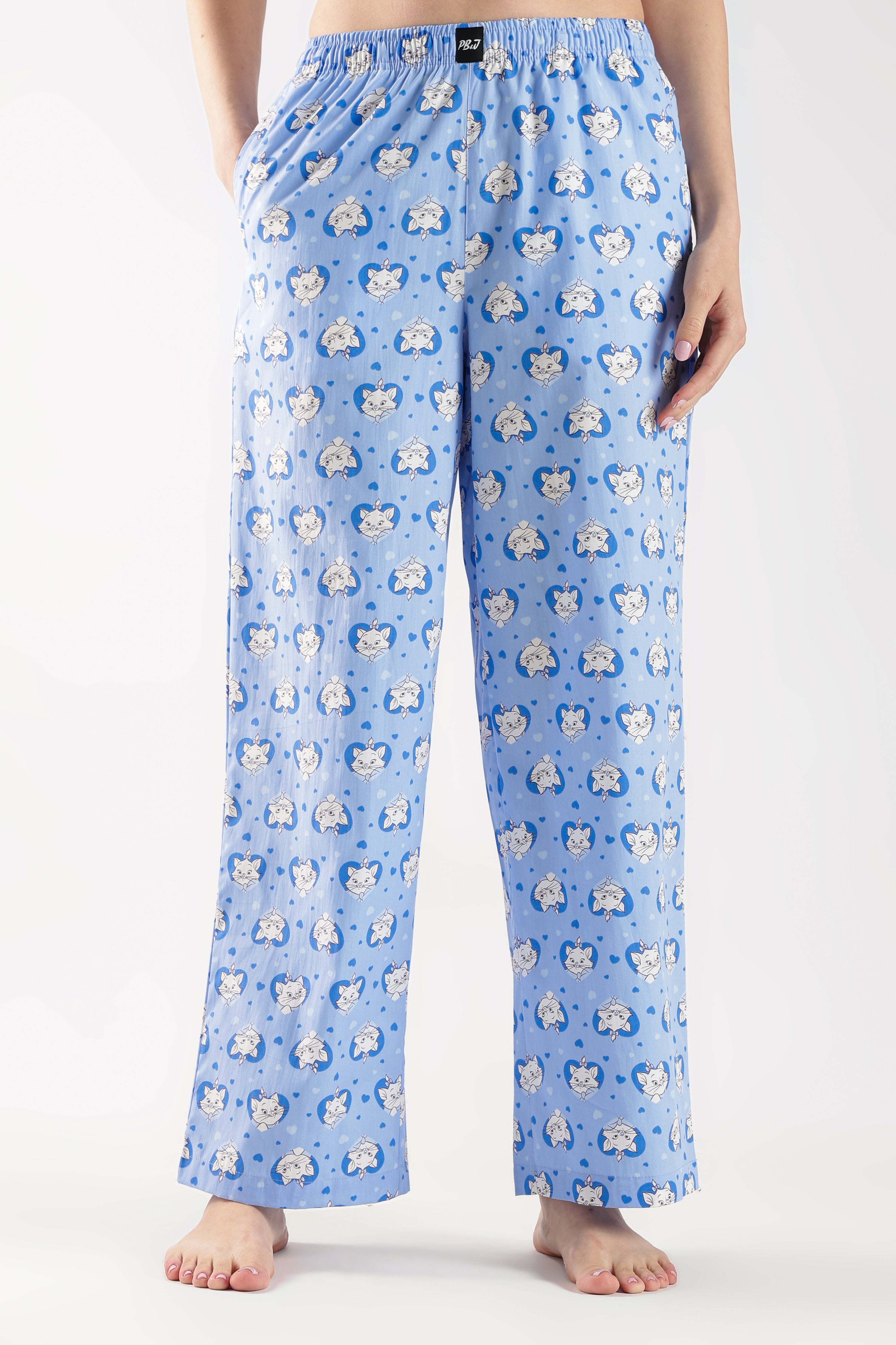 Women's Blue All-Over Cat Print Wide Leg Pyjamas